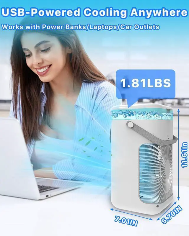 Alt view image 7 of 7 - Portable Air Conditioner, Evaporative Mini Portable AC Unit with 3 Speeds & 2 Mist, 180° Oscillating, 7 Color Lights 2-4H Timer, Small Cooling Fan for Bedroom, Office, Home, Camping