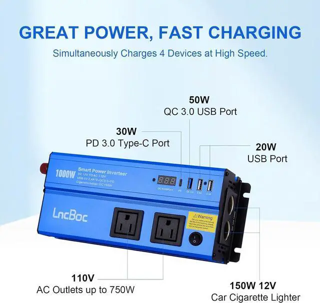 Alt view image 2 of 7 - Power Inverter 12v to 110v 1000w: 1000 Watt Dc to Ac Converter Battery Inverters for Car Charger Adapter with Outlet Plug - Inverter with Cigarette Lighter for Car Truck Vehicles Rv Boat Home Auto