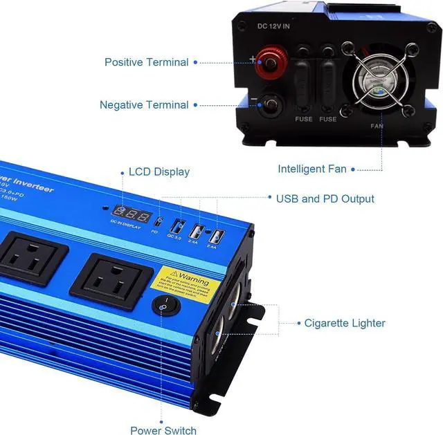 Alt view image 3 of 7 - Power Inverter 12v to 110v 1000w: 1000 Watt Dc to Ac Converter Battery Inverters for Car Charger Adapter with Outlet Plug - Inverter with Cigarette Lighter for Car Truck Vehicles Rv Boat Home Auto