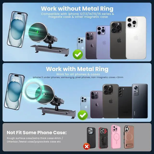 Alt view image 5 of 7 - Magnetic Phone Mount with Wireless Charging for Ram Truck 2013-2018, Dash Mount Cell Phone Holder Compatible with RAM 1500/2500/3500 & 2019+ Classic 360° Rotation Smartphone Cradles