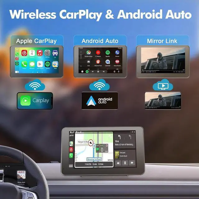 Alt view image 2 of 7 - Wireless Portable Carplay and Android Auto, Carplay Screen for Car with Mirror Link/AUX/FM,7" Touchscreen Bluetooth 5.0, Marine Stereos for All Vehicles