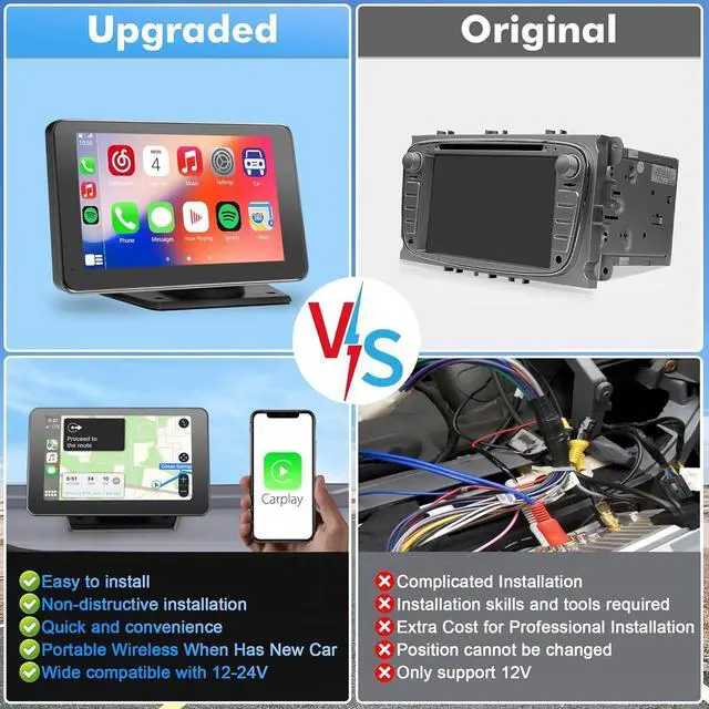 Alt view image 4 of 7 - Wireless Portable Carplay and Android Auto, Carplay Screen for Car with Mirror Link/AUX/FM,7" Touchscreen Bluetooth 5.0, Marine Stereos for All Vehicles