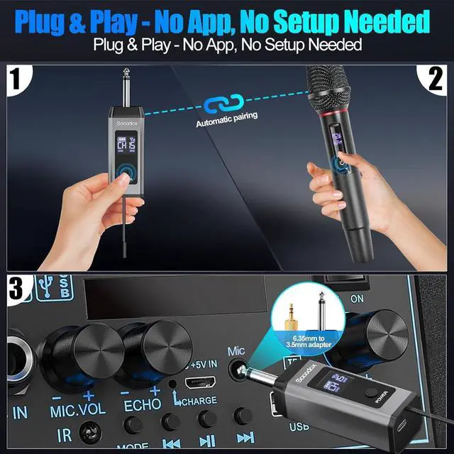 Alt view image 4 of 7 - Wireless Microphone System for Karaoke, Dual UHF Metal Wireless Mic with Rechargeable Receiver, for PA System, Speaker, Party, DJ, Wedding, Church (Black)
