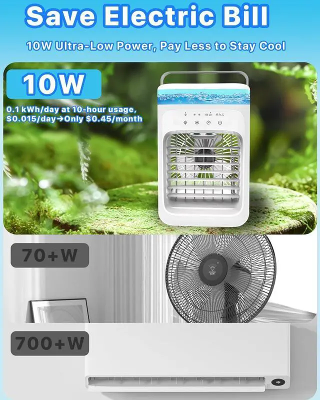 Alt view image 5 of 7 - Portable Air Conditioner, Evaporative Mini Portable AC Unit with 3 Speeds & 2 Mist, 180° Oscillating, 7 Color Lights 2-4H Timer, Small Cooling Fan for Bedroom, Office, Home, Camping