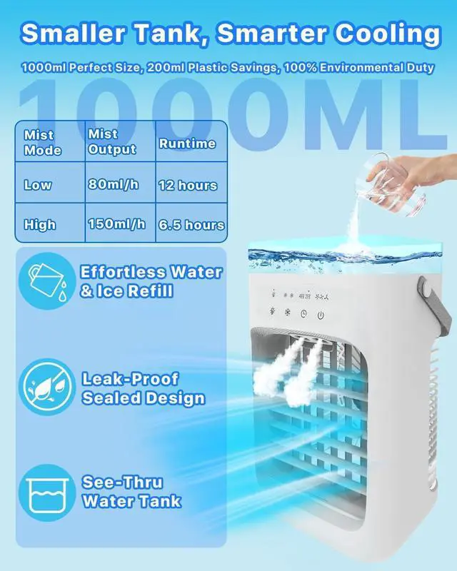 Alt view image 6 of 7 - Portable Air Conditioner, Evaporative Mini Portable AC Unit with 3 Speeds & 2 Mist, 180° Oscillating, 7 Color Lights 2-4H Timer, Small Cooling Fan for Bedroom, Office, Home, Camping