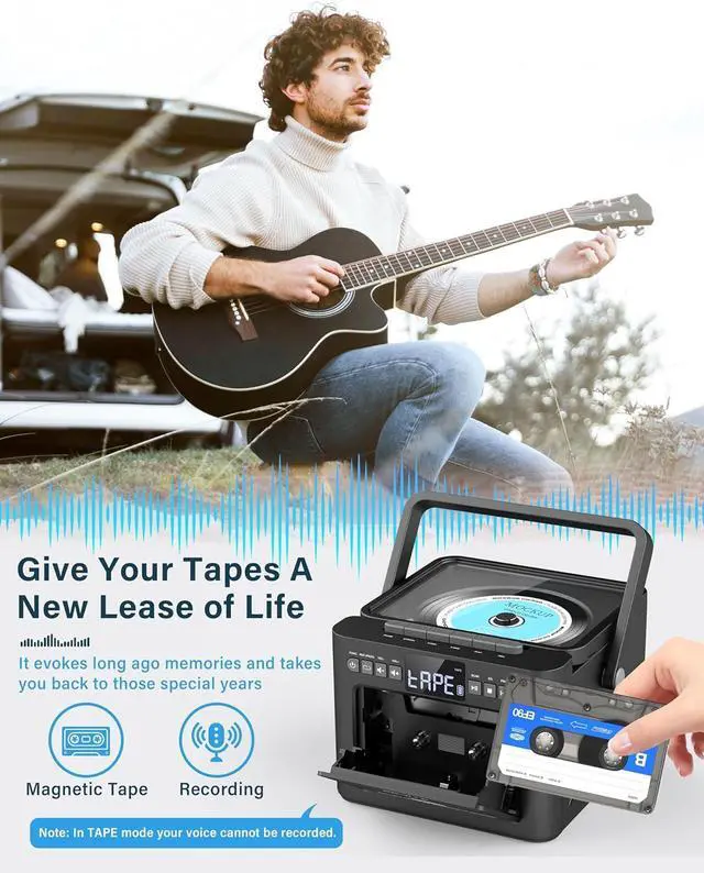 Alt view image 2 of 7 - Boombox CD and Cassette Player Combo, 5000mAh Rechargable CD Player Boombox with Bluetooth Receive/Transmit/FM Radio/USB/TF/AUX/Remote Control, Boom Box Cassette Player for Home Outdoor