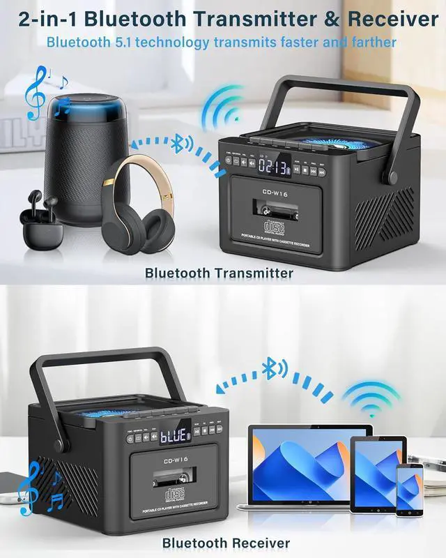 Alt view image 4 of 7 - Boombox CD and Cassette Player Combo, 5000mAh Rechargable CD Player Boombox with Bluetooth Receive/Transmit/FM Radio/USB/TF/AUX/Remote Control, Boom Box Cassette Player for Home Outdoor