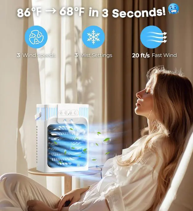 Alt view image 3 of 7 - Portable Air Conditioners, 3 Speeds, 3 Mist Settings, 40oz XL Water Tank, 2~8h Timer & 7-color Ambient Lights,Air Conditioner Portable, Personal Small Mini Air Conditioner Air Cooler for Room Bedroom