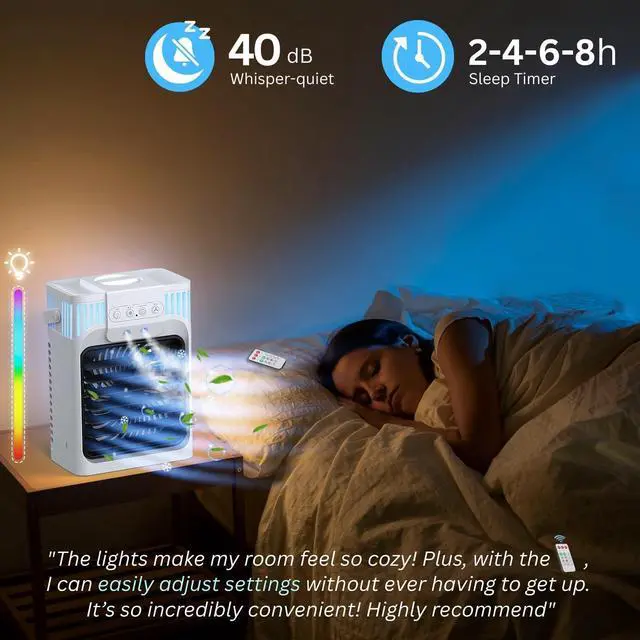 Alt view image 5 of 7 - Portable Air Conditioners, 3 Speeds, 3 Mist Settings, 40oz XL Water Tank, 2~8h Timer & 7-color Ambient Lights,Air Conditioner Portable, Personal Small Mini Air Conditioner Air Cooler for Room Bedroom