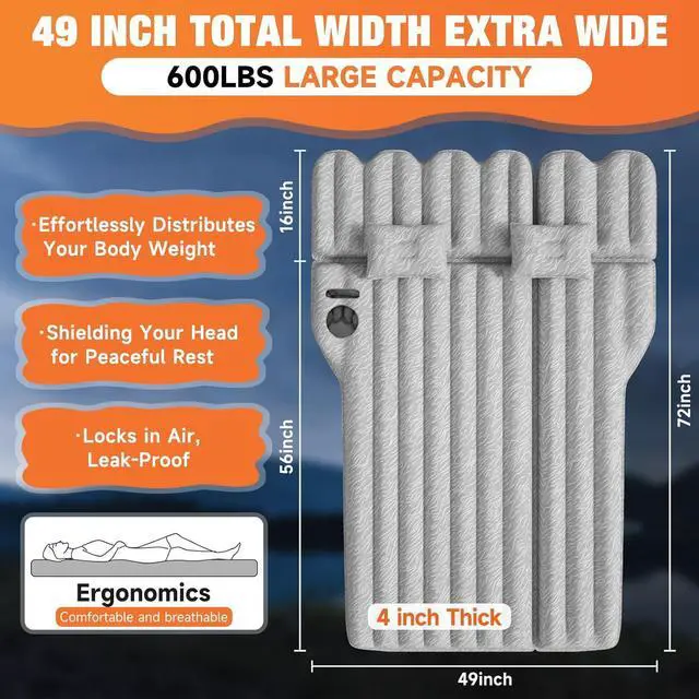 Alt view image 3 of 7 - Inflatable Car Air Mattress for Camping, Flocking Car Bed with Air Pump & 2 Pillows, Portable Sleeping Pad Mattress for Home Car Travel Camping Grey