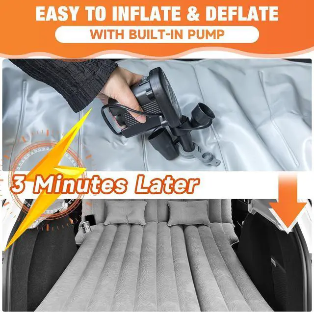 Alt view image 6 of 7 - Inflatable Car Air Mattress for Camping, Flocking Car Bed with Air Pump & 2 Pillows, Portable Sleeping Pad Mattress for Home Car Travel Camping Grey