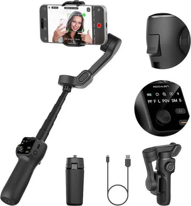 Main image of 3-axis Gimbal Stabilizer w/Built-in 7.8' Extension Rod, Vlogging Phone Gimbal w/AI Tracking, Portable Smartphone Holder for iPhone w/Full-Screen OLED Display, Trigger Button Smart V8(Black)