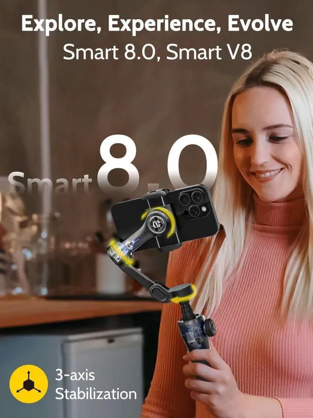 Alt view image 2 of 6 - 3-axis Gimbal Stabilizer w/Built-in 7.8' Extension Rod, Vlogging Phone Gimbal w/AI Tracking, Portable Smartphone Holder for iPhone w/Full-Screen OLED Display, Trigger Button Smart V8(Black)