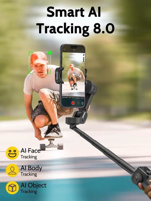 Alt view image 3 of 6 - 3-axis Gimbal Stabilizer w/Built-in 7.8' Extension Rod, Vlogging Phone Gimbal w/AI Tracking, Portable Smartphone Holder for iPhone w/Full-Screen OLED Display, Trigger Button Smart V8(Black)