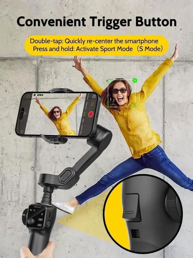 Alt view image 4 of 6 - 3-axis Gimbal Stabilizer w/Built-in 7.8' Extension Rod, Vlogging Phone Gimbal w/AI Tracking, Portable Smartphone Holder for iPhone w/Full-Screen OLED Display, Trigger Button Smart V8(Black)