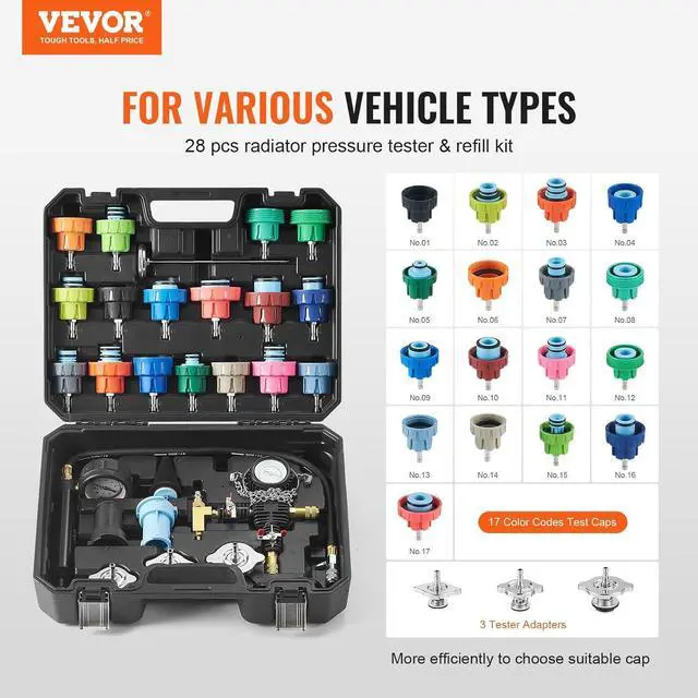 Alt view image 2 of 7 - 28 pcs Universal Radiator Pressure Tester Kit, Coolant Pressure Tester Kit with Manual Pump and Color-Coded Test Caps, Coolant Vacuum Refill kit for Cars Motorcycles Trucks Cooling System