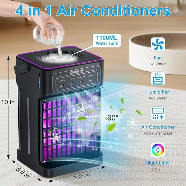 Alt view image 2 of 7 - Portable Air Conditioners, 2025 Upgraded 4-IN-1 Portable AC Unit with 3 Cool Mist &Speeds, 7 Night Light & 2-8H Timer Evaporative Air Cooler,Personal Mini Air Conditioner for Bedroom, Camping, Office