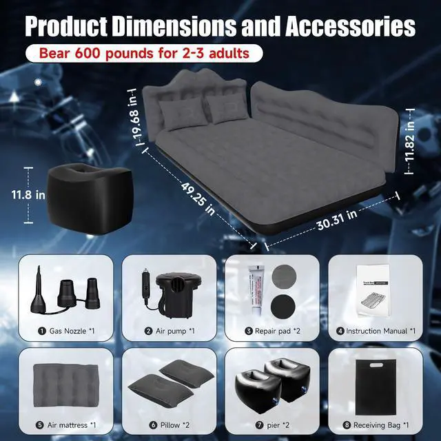 Alt view image 6 of 7 - Car Air Mattress, Inflatable SUV Truck Air Mattress Back Seat Camping Bed Thickened Car Sleeping Pad for Travel, Car Bed SUV Mattress with Car Air Pump 2 Pillows