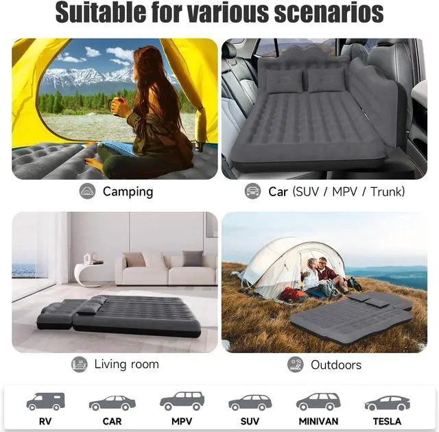 Alt view image 7 of 7 - Car Air Mattress, Inflatable SUV Truck Air Mattress Back Seat Camping Bed Thickened Car Sleeping Pad for Travel, Car Bed SUV Mattress with Car Air Pump 2 Pillows