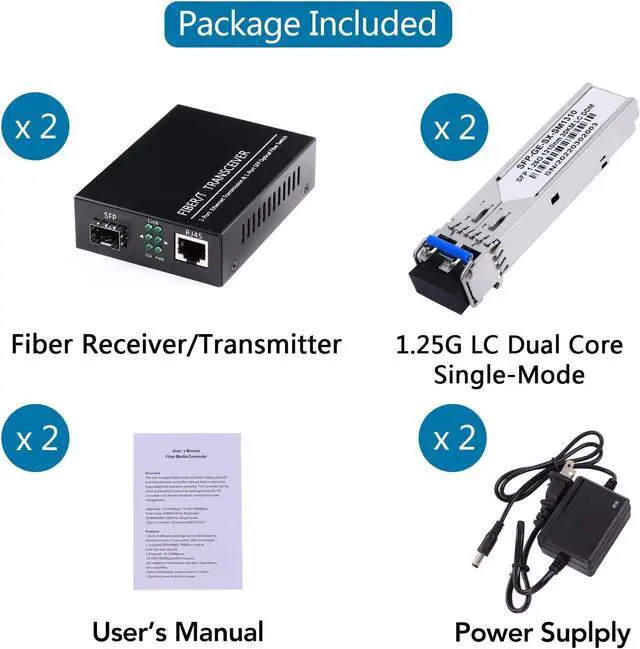 Alt view image 2 of 7 - 2 Pack 1.25G/s Bidi Gigabit Single-Mode Fiber to Ethernet Media Converter with 2PCS Bidi SFP LC Dual Transceiver Module Included, 10/100/1000Base-Tx to 1000Base-LX SMF RJ45 to SFP Slot up to 550M