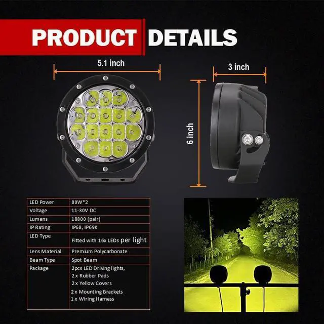 Alt view image 2 of 7 - Pair 5 Inch Led Offroad Driving Lights 160w Round Offroad Spot Light Driving Spotlights with Yellow Cover Wiring Harness 12V 24V for Pickup Trucks SUV UTV ATV 4x4