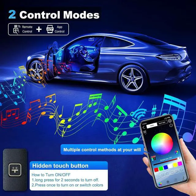 Alt view image 4 of 7 - Acrylic Interior Car LED Strip Light with Wireless APP, RGB 18 in 1 with 175 inches 600 LEDs Fiber Optic Car Ambient Lighting Kits, 16 Million Colors Sound Active Function LED Strip for Car