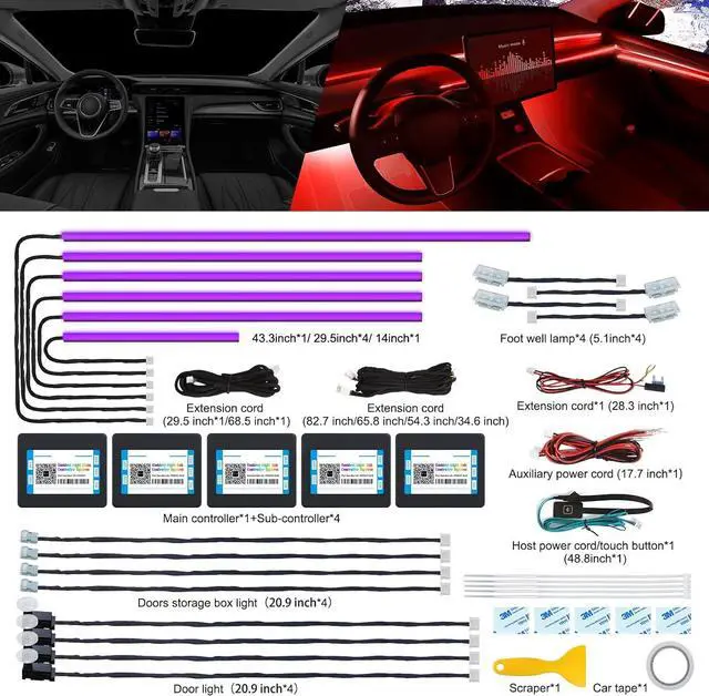 Alt view image 3 of 7 - Acrylic Interior Car LED Strip Light with Wireless APP, RGB 18 in 1 with 175 inches 600 LEDs Fiber Optic Car Ambient Lighting Kits, 16 Million Colors Sound Active Function LED Strip for Car