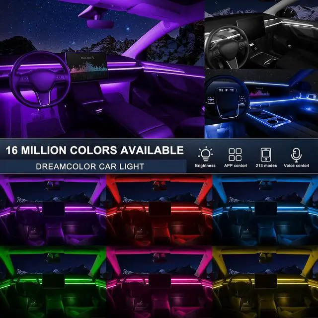 Alt view image 2 of 7 - Acrylic Interior Car LED Strip Light with Wireless APP, RGB 18 in 1 with 175 inches 600 LEDs Fiber Optic Car Ambient Lighting Kits, 16 Million Colors Sound Active Function LED Strip for Car