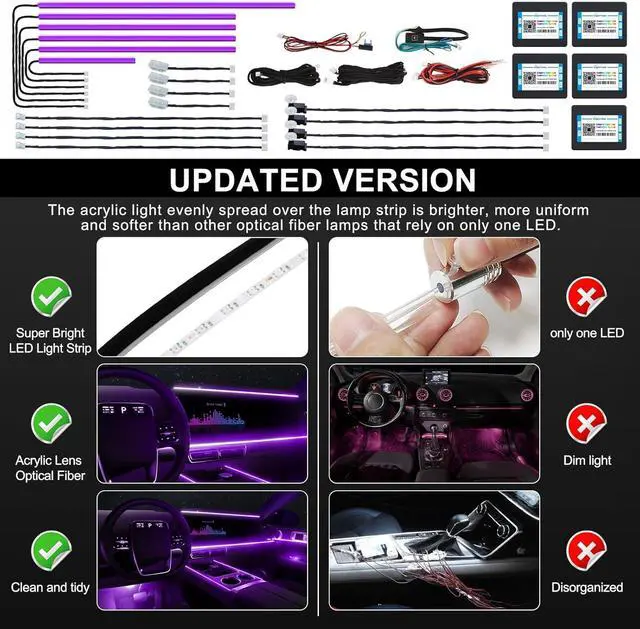 Alt view image 5 of 7 - Acrylic Interior Car LED Strip Light with Wireless APP, RGB 18 in 1 with 175 inches 600 LEDs Fiber Optic Car Ambient Lighting Kits, 16 Million Colors Sound Active Function LED Strip for Car