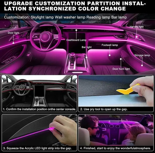Alt view image 6 of 7 - Acrylic Interior Car LED Strip Light with Wireless APP, RGB 18 in 1 with 175 inches 600 LEDs Fiber Optic Car Ambient Lighting Kits, 16 Million Colors Sound Active Function LED Strip for Car