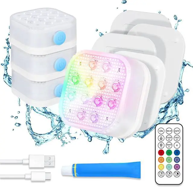 Main image of Rechargeable Submersible Pool Lights with Remote, Waterproof Underwater Charging Battery Operated Controlled 16 Color Changing LED with Magnet Floating Lights Pool Pond Decoration 4 Pack