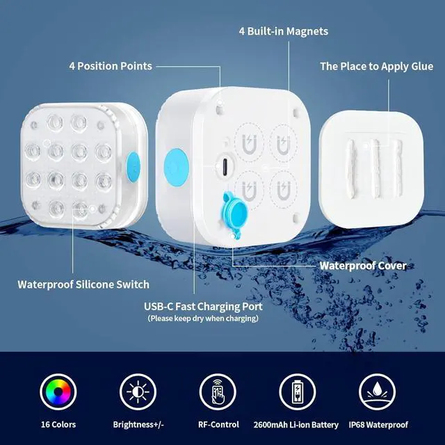 Alt view image 3 of 6 - Rechargeable Submersible Pool Lights with Remote, Waterproof Underwater Charging Battery Operated Controlled 16 Color Changing LED with Magnet Floating Lights Pool Pond Decoration 4 Pack