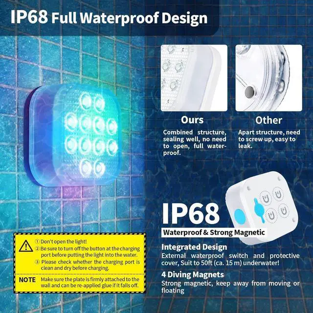 Alt view image 5 of 6 - Rechargeable Submersible Pool Lights with Remote, Waterproof Underwater Charging Battery Operated Controlled 16 Color Changing LED with Magnet Floating Lights Pool Pond Decoration 4 Pack
