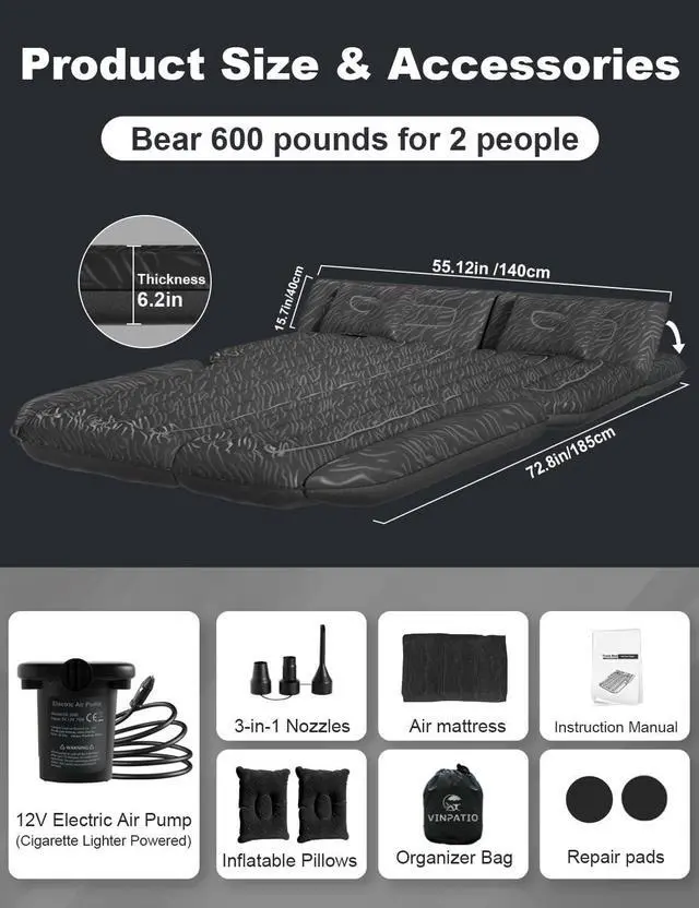Alt view image 6 of 7 - SUV Air Mattress for Trunk: Upgraded Car Camping Mattress with Flocked Surface and Extra Thick Bottom, Van Sleeping Bed for Back Seat with Pump, Nozzle, Repair Patch, Carry Bag