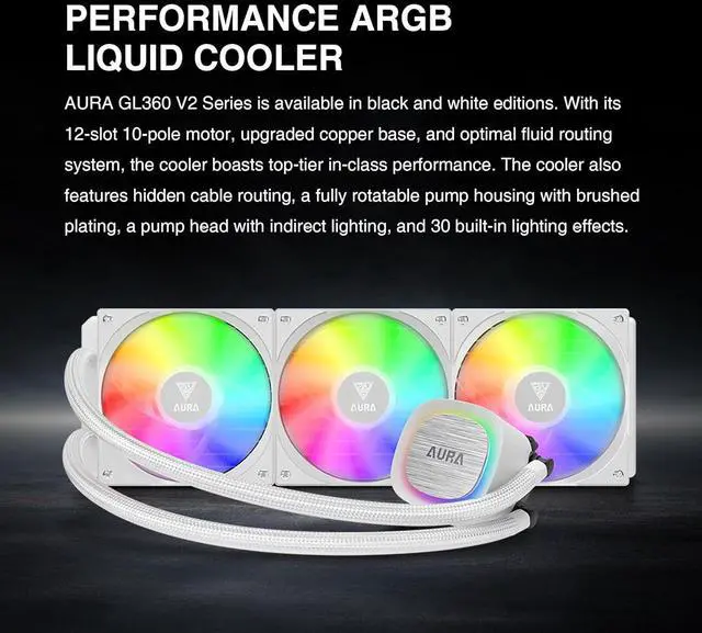 Alt view image 2 of 7 - GL360 V2 CPU Liquid Cooler, 360mm AIO, 3 x 120mm ARGB PWM Fans, Low Noise, Rotatable Performance Pump, Cable Management Design, ARGB MB Sync,  LGA 1851/1700/1200,  AM5/AM4, White