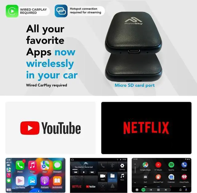 Alt view image 5 of 6 - Wireless CarPlay and Android Auto AI Box Lite for Factory Wired CarPlay Cars - Supports Netflix and YouTube Must use Hotspot - Go Wireless CarPlay and Android Auto. Wired CarPlay Required