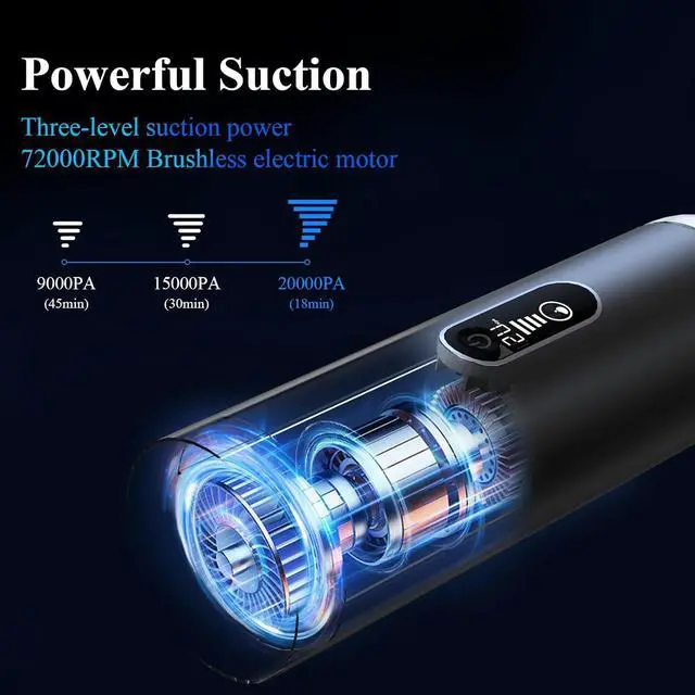 Alt view image 2 of 7 - Car Vacuum Portable Cordless - 20000PA High Power Handheld Vacuum with LED Display, 2.5H Fast Charging Up to 45 Mins of Runtime, Hand Vac Cordless Rechargeable for Car Home Corner Cabinet
