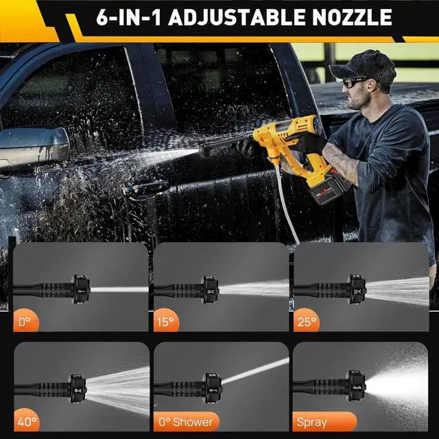 Alt view image 2 of 7 - Upgrade Cordless Pressure Washer, 900PSI Battery Powered Pressure Washer with 6-in-1 Nozzle, 10 Speed Adjustment, Remaining Battery Display, Portable Power Washer for Car/Garden/Floor/Yards.