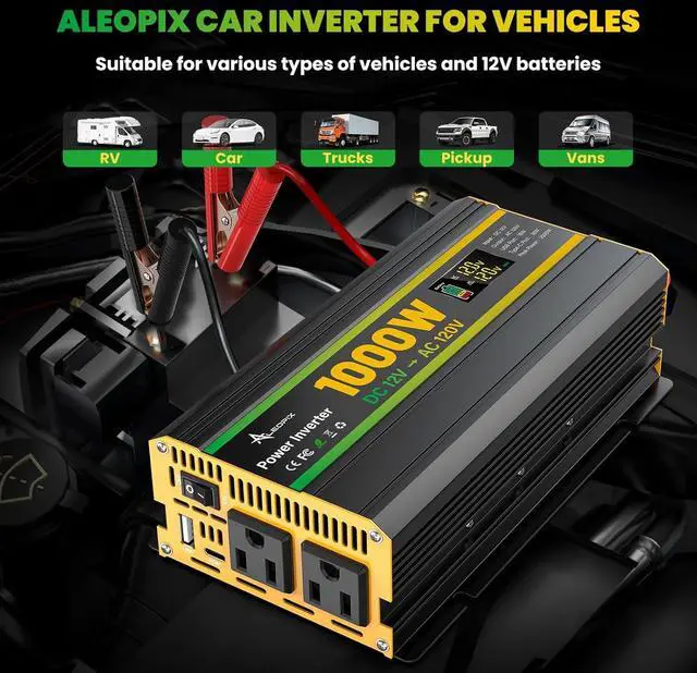 Alt view image 3 of 7 - 1000W Power Inverter 12V to 110V for Vehicles/Truck/Car/Laptop, 1000 Watt Car Power Inverter with Cigarette Lighter/LED Display/100A Battery Cables/2 AC Outlets/2 USB Port, Surge 2000W Car Inverter