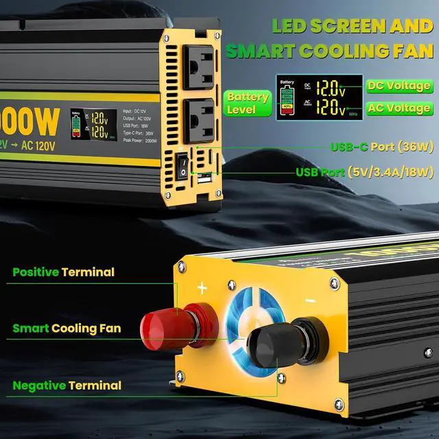 Alt view image 5 of 7 - 1000W Power Inverter 12V to 110V for Vehicles/Truck/Car/Laptop, 1000 Watt Car Power Inverter with Cigarette Lighter/LED Display/100A Battery Cables/2 AC Outlets/2 USB Port, Surge 2000W Car Inverter
