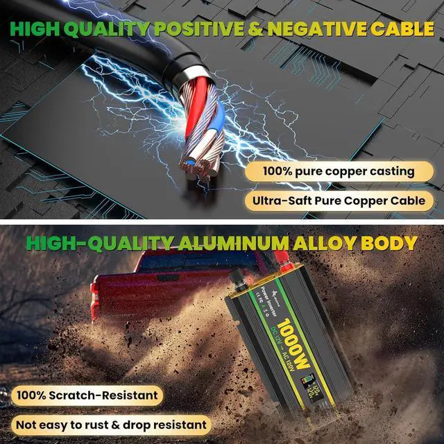 Alt view image 7 of 7 - 1000W Power Inverter 12V to 110V for Vehicles/Truck/Car/Laptop, 1000 Watt Car Power Inverter with Cigarette Lighter/LED Display/100A Battery Cables/2 AC Outlets/2 USB Port, Surge 2000W Car Inverter
