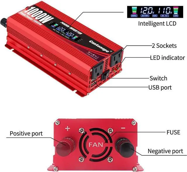 Alt view image 2 of 7 - 1000W/2000W(Peak) Car Power Inverter DC 12V to 110V AC Converter with LCD Display Dual AC Outlets and Dual USB Car Charger for Car Home Laptop Truck Red