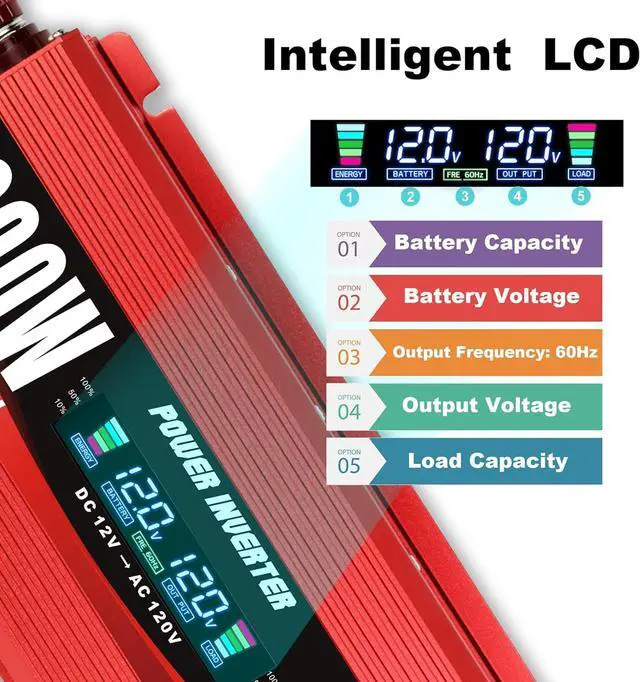 Alt view image 3 of 7 - 1000W/2000W(Peak) Car Power Inverter DC 12V to 110V AC Converter with LCD Display Dual AC Outlets and Dual USB Car Charger for Car Home Laptop Truck Red