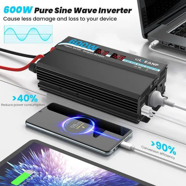 Alt view image 2 of 7 - 600W Power Inverter Pure Sine Wave Inverter 12V DC to 120V AC Converter for Car, Truck, Home, Vehicles, Laptop, Car Inverter 12V to 110V with 2 AC Outlets, 2 USB Ports, LCD Display