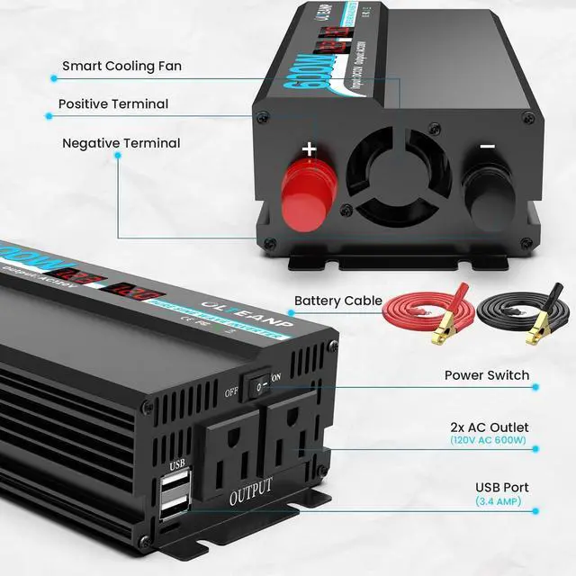 Alt view image 7 of 7 - 600W Power Inverter Pure Sine Wave Inverter 12V DC to 120V AC Converter for Car, Truck, Home, Vehicles, Laptop, Car Inverter 12V to 110V with 2 AC Outlets, 2 USB Ports, LCD Display