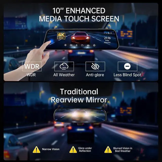 Alt view image 3 of 7 - 4K Rear View Mirror Camera, 10'' 4K Mirror Dash Cam with 1080P Backup Camera, Dash Cam Front and Rear for Car with Voice Control, 24H Parking Mode, Night Vision, 32GB SD Card Included
