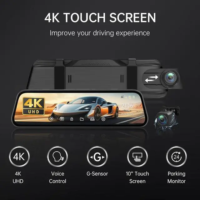 Alt view image 2 of 7 - 4K Rear View Mirror Camera, 10'' 4K Mirror Dash Cam with 1080P Backup Camera, Dash Cam Front and Rear for Car with Voice Control, 24H Parking Mode, Night Vision, 32GB SD Card Included