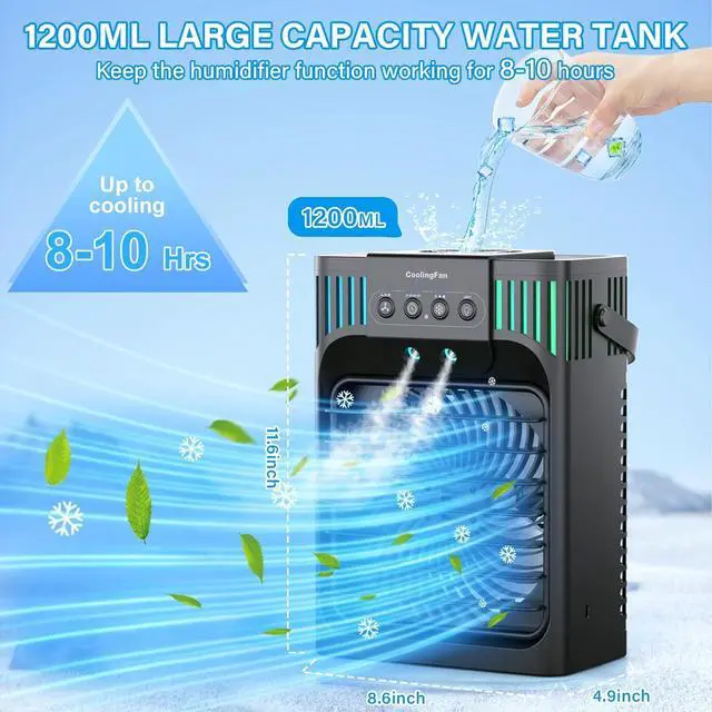 Alt view image 2 of 7 - Portable Air Conditioners,4-in-1 Evaporative Air Cooler with 3 Speeds, 3 Modes & 7 LED Light Cooling Fan with Remote, 2-8H Timer, 1200ML Personal Mini Air Conditioner for Bedroom and Office