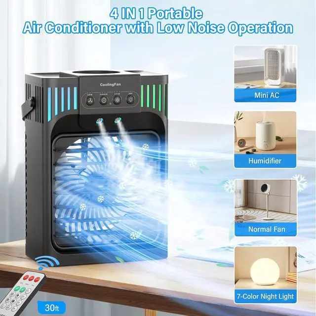 Alt view image 3 of 7 - Portable Air Conditioners,4-in-1 Evaporative Air Cooler with 3 Speeds, 3 Modes & 7 LED Light Cooling Fan with Remote, 2-8H Timer, 1200ML Personal Mini Air Conditioner for Bedroom and Office