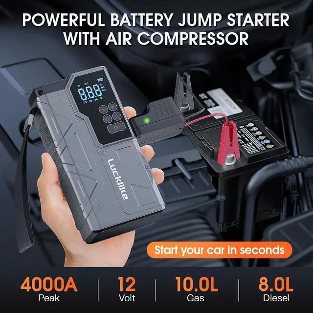 Alt view image 3 of 7 - Jump Starter with Air Compressor, 4000A Portable Car Battery Jumper Starter Pack for 10L Gas and 8L Diesel, Tire Inflator with Presssure Detection, 12V Jump Box with 3 Modes Flashlight